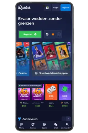 Rainbet Casino registratie knop hoofdpagina interface